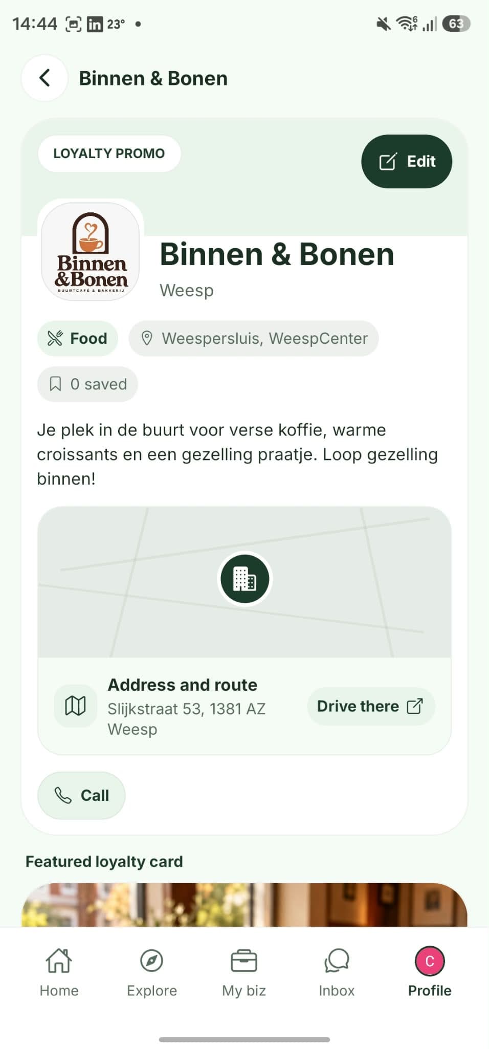 Een bedrijfsprofiel in Buurted vanuit het account van de eigenaar, met Bewerken