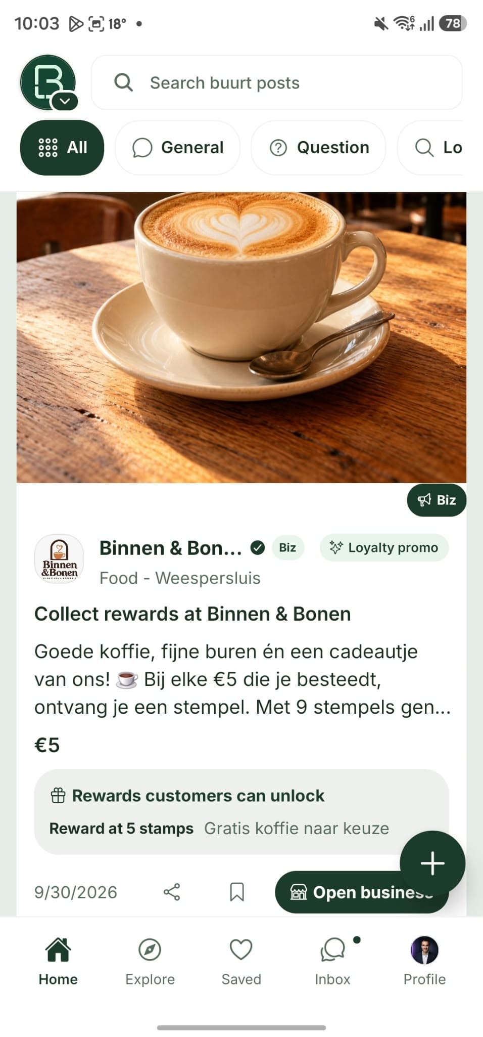 Een echt bedrijfsbericht in de buurtfeed van Buurted